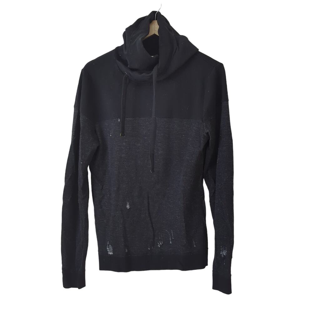 We Norwegians Funnel‎ Neck Hoodie Sweatshirt Distressed Black Gray Merino Wool M